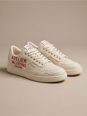 Valentino Atelier Garavani Cream Canvas Low-Top Sneakers with Red Logo